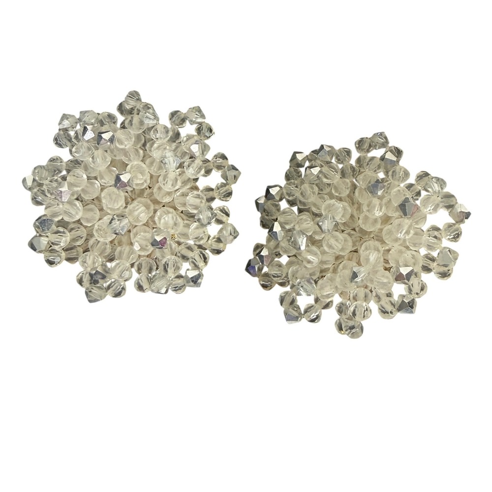 Ellen Designs Vintage Clear Beaded Cluster Clip On Earrings Gold Tone Statement